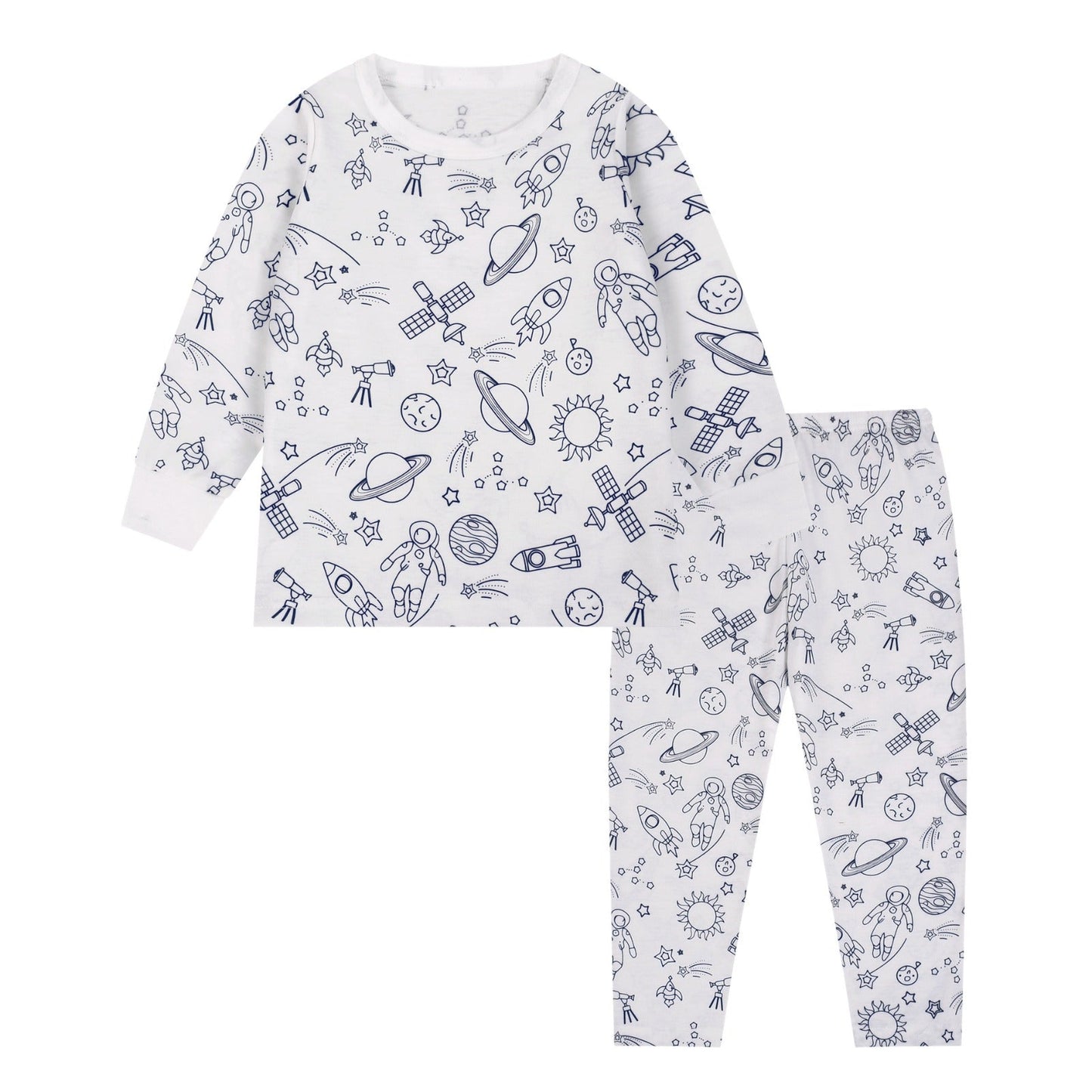 Child wearing colorable bamboo pajamas with Universe design