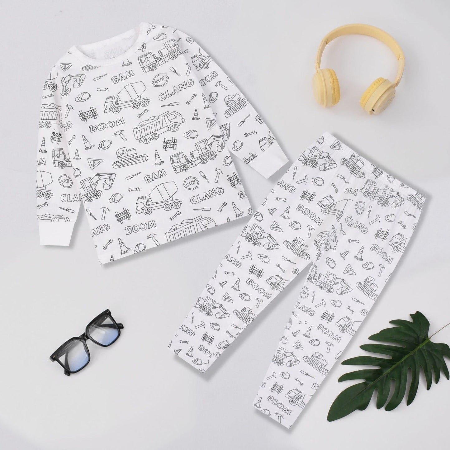 Kids Bamboo Colorable Pajamas | Construction Zone Theme | 2-Piece Set
