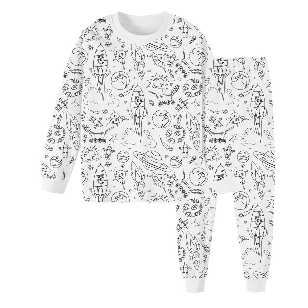 Child wearing colorable bamboo pajamas with Universe design