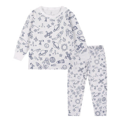 Child wearing colorable bamboo pajamas with Universe design