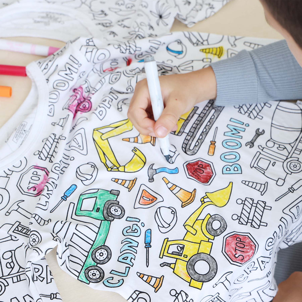 Kids Bamboo Colorable Pajamas | Construction Zone Theme | 2-Piece Set